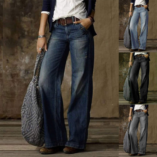 Jeans casual retrò a gamba larga per donna