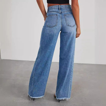 Jeans da donna con orlo sfrangiato gamba larga